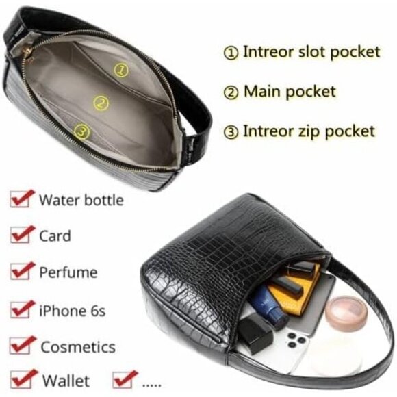 Women Crocodile Black Imported Polyester Leather Zipper Closure Tote Handbag - Picture 4 of 7